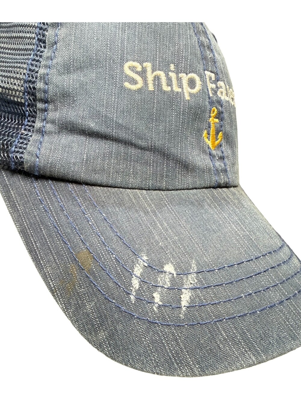 Ship Faced Anchor Logo Denim Trucker Hat Mesh Back Strapback Cap Distressed Blue - Picture 4 of 11